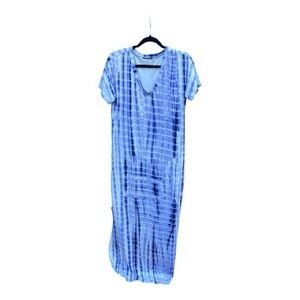 Blue Tie-Dye V-Neck Short Sleeve Maxi Dress
